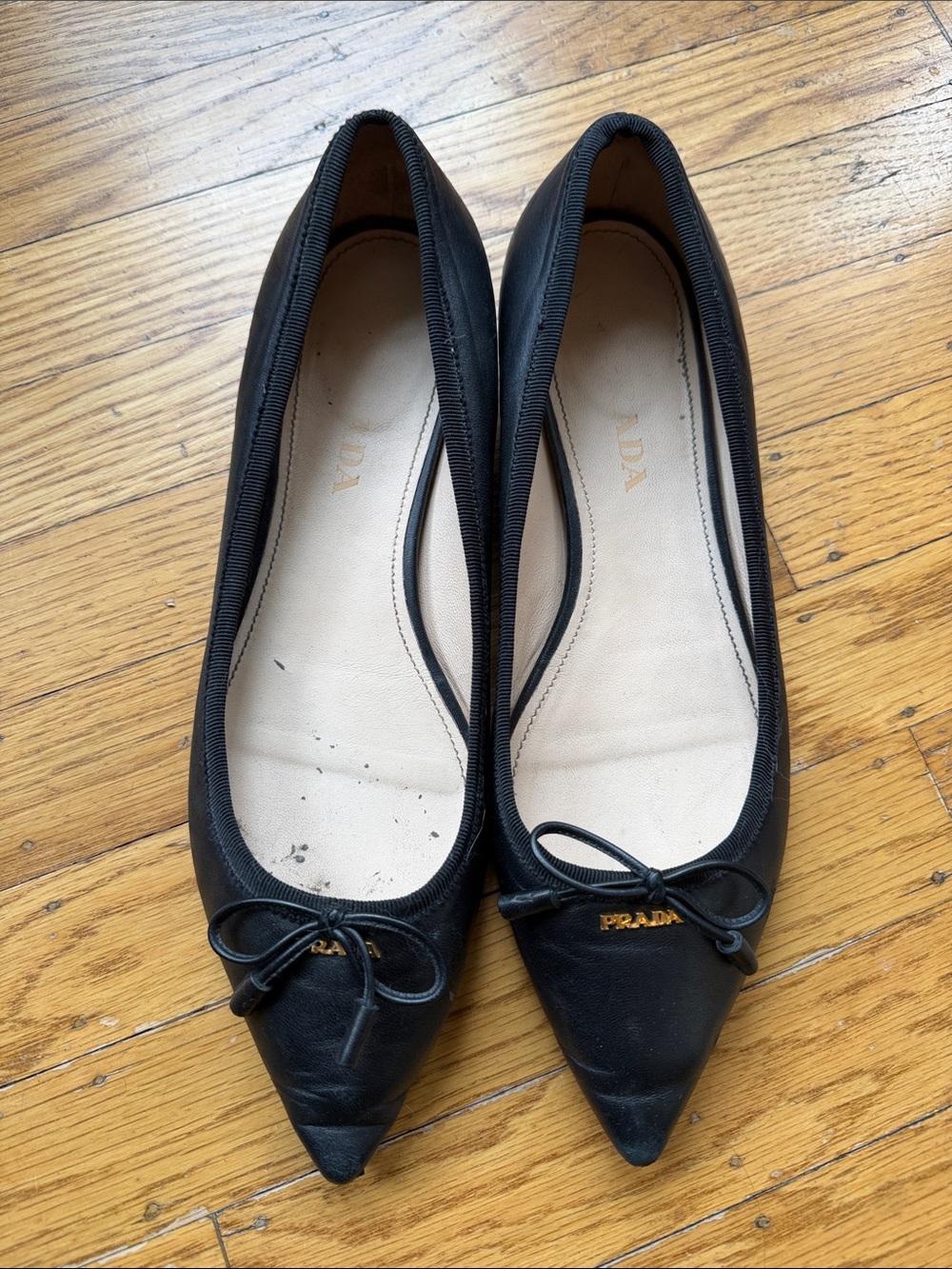 Prada Black Pointed Toe Leather Ballet Flats